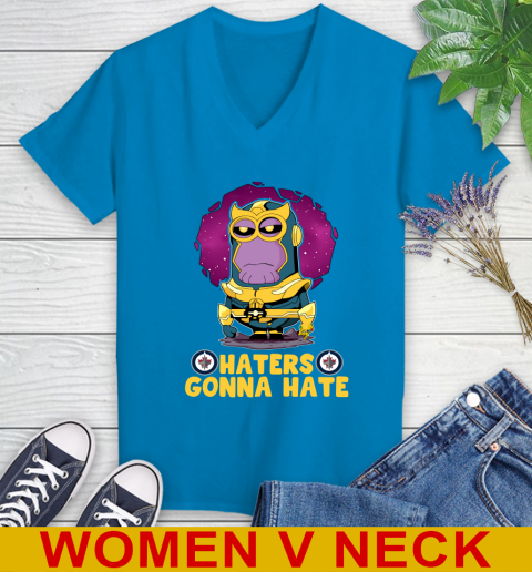 NHL Hockey Winnipeg Jets Haters Gonna Hate Thanos Minion Marvel Shirt Women's V-Neck T-Shirt 8