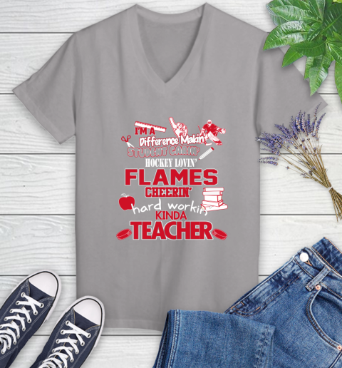 Calgary Flames NHL I'm A Difference Making Student Caring Hockey Loving Kinda Teacher Women's V-Neck T-Shirt 4
