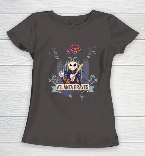 MLB Atlanta Braves Baseball Jack Skellington Halloween Women's T-Shirt 7