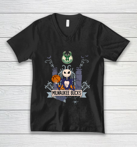 NBA Milwaukee Bucks Basketball Jack Skellington Halloween V-Neck T-Shirt