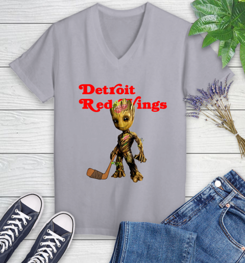Detroit Red Wings NHL Hockey Groot Marvel Guardians Of The Galaxy Women's V-Neck T-Shirt 4