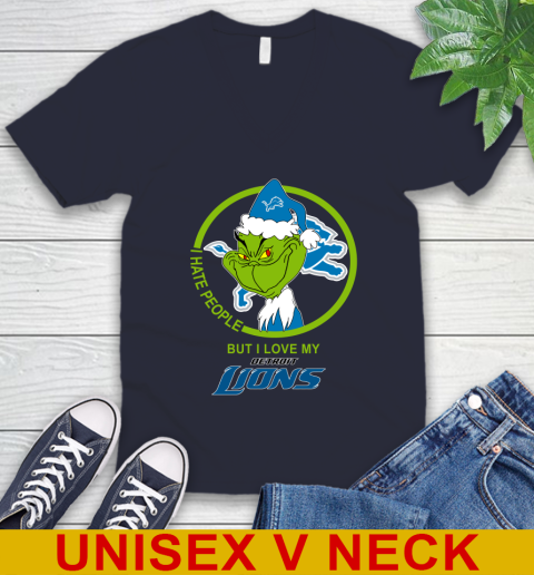 Detroit Lions NFL Christmas Grinch I Hate People But I Love My Favorite Football Team V-Neck T-Shirt 3