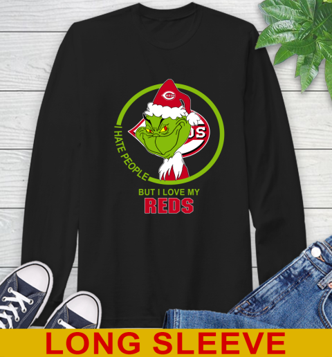 Cincinnati Reds MLB Christmas Grinch I Hate People But I Love My Favorite Baseball Team Long Sleeve T-Shirt 2