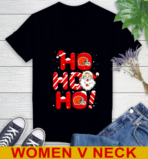 Cleveland Browns NFL Football Ho Ho Ho Santa Claus Merry Christmas Shirt Women's V-Neck T-Shirt