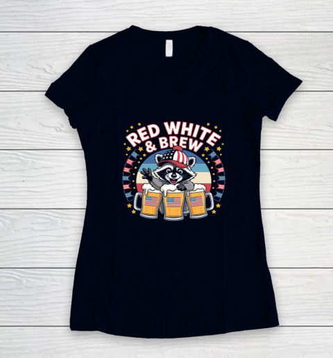 Funny Raccoon red white and brew Independence Day 4th of July Women's V-Neck T-Shirt 2