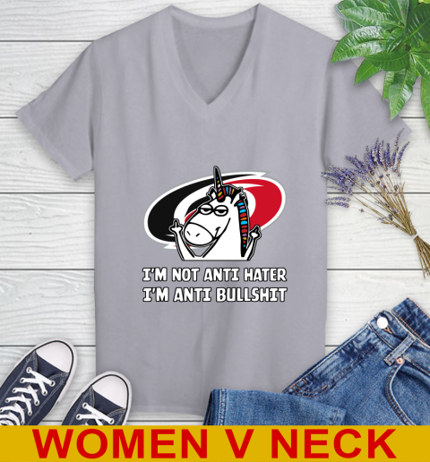 Carolina Hurricanes NHL Hockey Unicorn I'm Not Anti Hater I'm Anti Bullshit Women's V-Neck T-Shirt 5