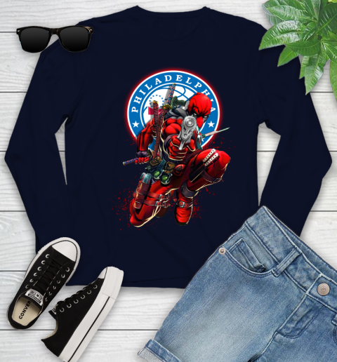 NBA Deadpool Marvel Comics Sports Basketball Philadelphia 76ers Youth Long Sleeve 3