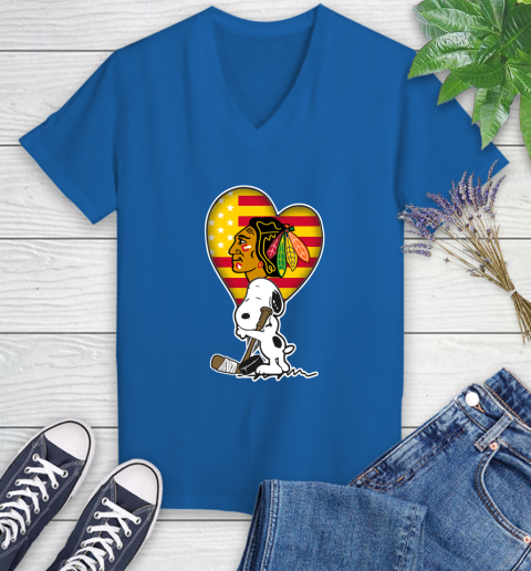 Chicago Blackhawks NHL Hockey The Peanuts Movie Adorable Snoopy Women's V-Neck T-Shirt 10