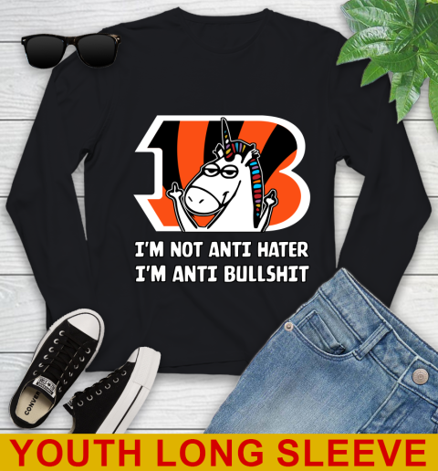Cincinnati Bengals NFL Football Unicorn I'm Not Anti Hater I'm Anti Bullshit Youth Long Sleeve 2