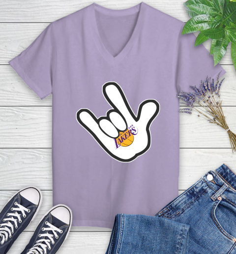 Los Angeles Lakers NBA Basketball Mickey Rock Hand Disney Women's V-Neck T-Shirt 14