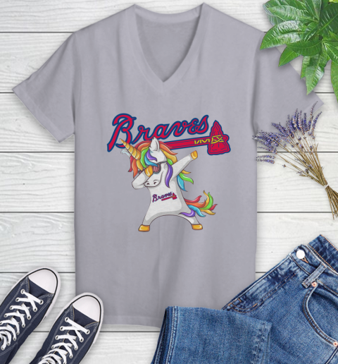 Atlanta Braves MLB Baseball Funny Unicorn Dabbing Sports Women's V-Neck T-Shirt 4