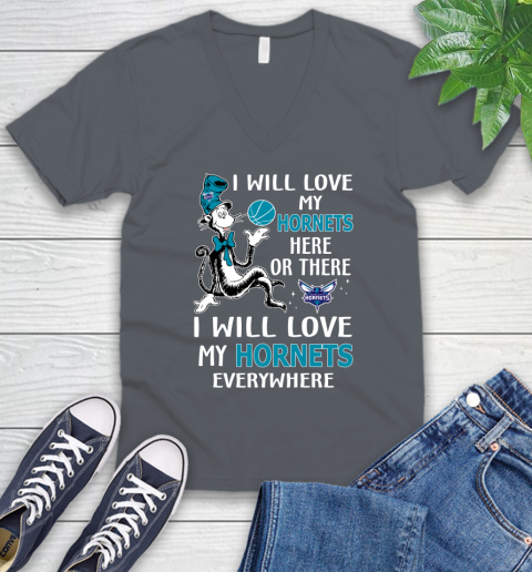 NBA Basketball Charlotte Hornets I Will Love My Hornets Everywhere Dr Seuss Shirt V-Neck T-Shirt 4