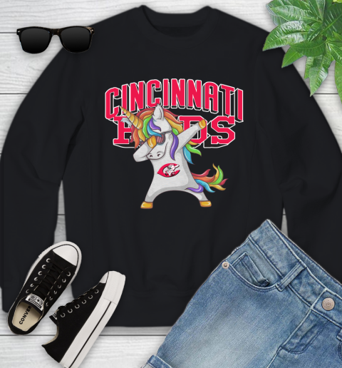 Cincinnati Reds MLB Baseball Funny Unicorn Dabbing Sports Youth Sweatshirt 2