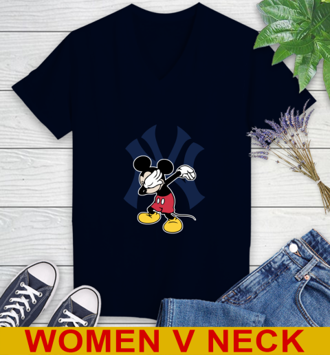 New York Yankees MLB Baseball Dabbing Mickey Disney Sports Women's V-Neck T-Shirt 3