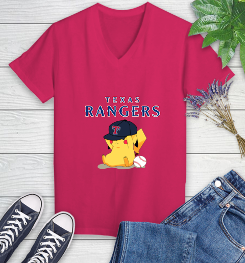 MLB Pikachu Baseball Sports Texas Rangers Women's V-Neck T-Shirt 9