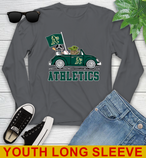 MLB Baseball Oakland Athletics Darth Vader Baby Yoda Driving Star Wars Shirt Youth Long Sleeve - Image 10