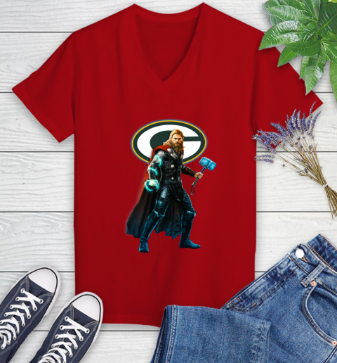 NFL Thor Avengers Endgame Football Green Bay Packers Women's V-Neck T-Shirt 12