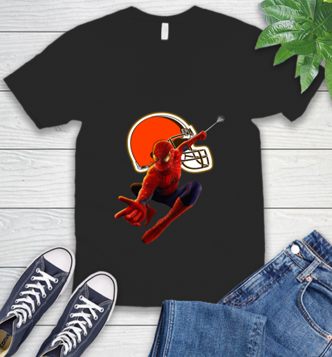 NFL Spider Man Avengers Endgame Football Cleveland Browns V-Neck T-Shirt 2