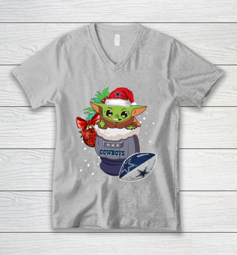 Dallas Cowboys Christmas Baby Yoda Star Wars Funny Happy NFL V-Neck T-Shirt 4