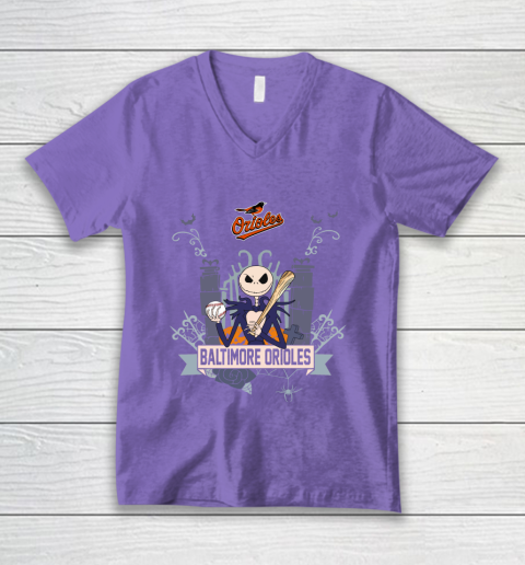 MLB Baltimore Orioles Baseball Jack Skellington Halloween V-Neck T-Shirt 8