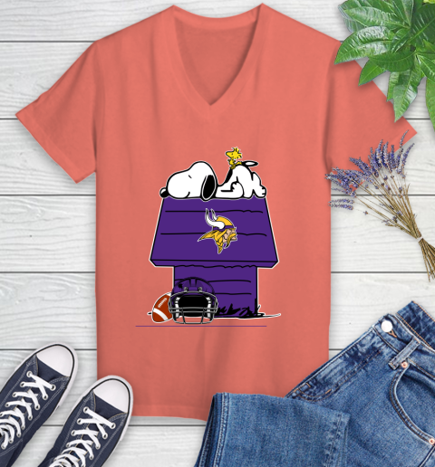 Minnesota Vikings NFL Football Snoopy Woodstock The Peanuts Movie Women's V-Neck T-Shirt 6