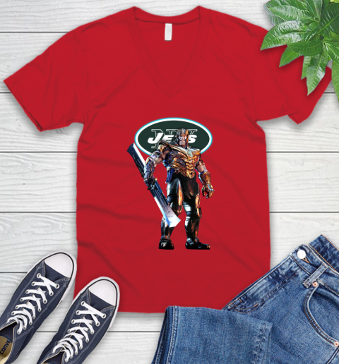NFL Thanos Gauntlet Avengers Endgame Football New York Jets V-Neck T-Shirt 7