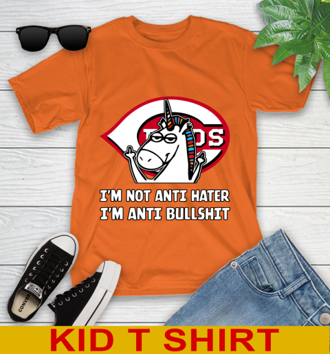 Cincinnati Reds MLB Baseball Unicorn I'm Not Anti Hater I'm Anti Bullshit Youth T-Shirt 7