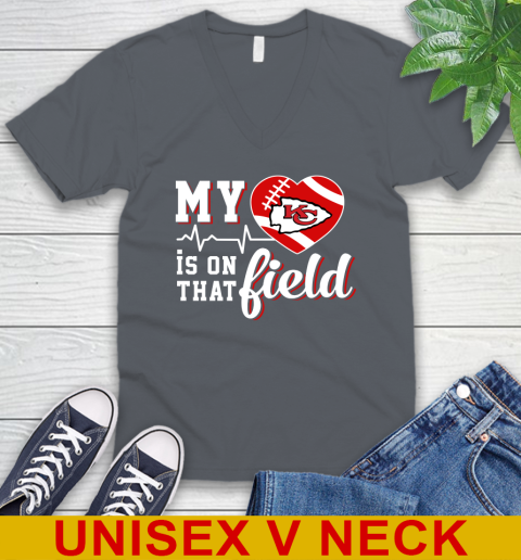 NFL My Heart Is On That Field Football Sports Kansas City Chiefs V-Neck T-Shirt 4
