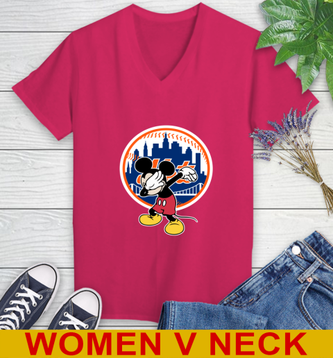 New York Mets MLB Baseball Dabbing Mickey Disney Sports Women's V-Neck T-Shirt 10