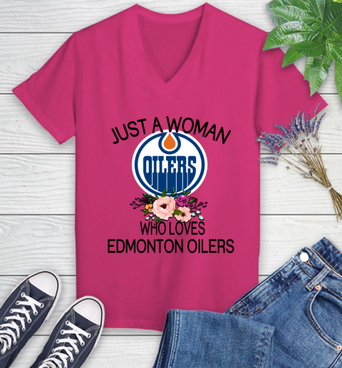 NHL Just A Woman Who Loves Edmonton Oilers Hockey Sports Women's V-Neck T-Shirt 5