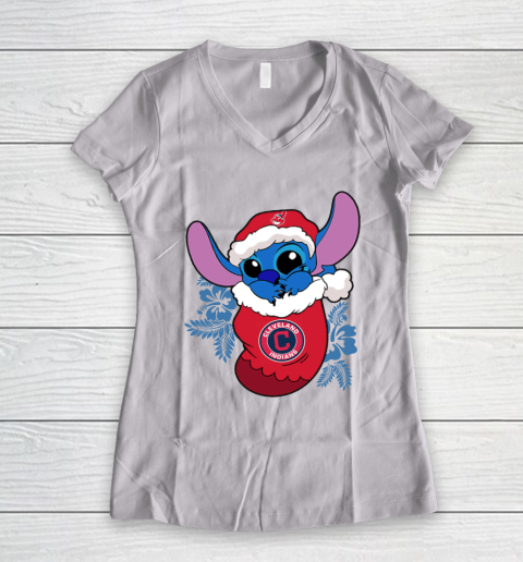 Cleveland Indians Christmas Stitch In The Sock Funny Disney MLB Women's V-Neck T-Shirt 2