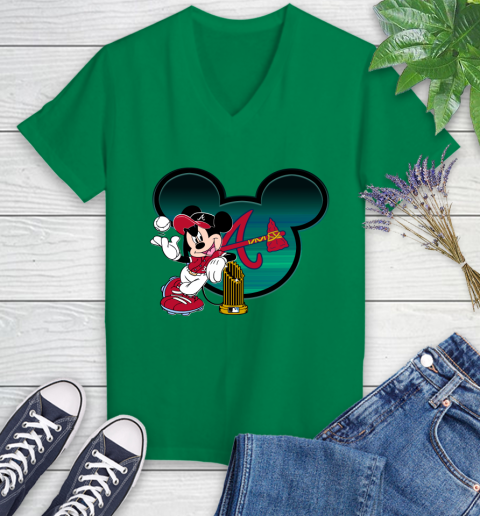 MLB Atlanta Braves The Commissioner's Trophy Mickey Mouse Disney Women's V-Neck T-Shirt 5