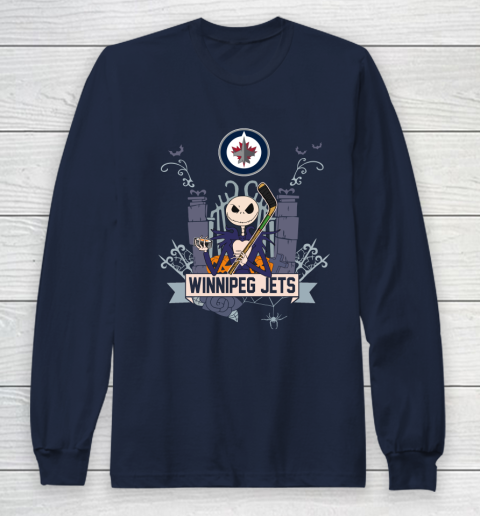 NHL Winnipeg Jets Hockey Jack Skellington Halloween Long Sleeve T-Shirt 2