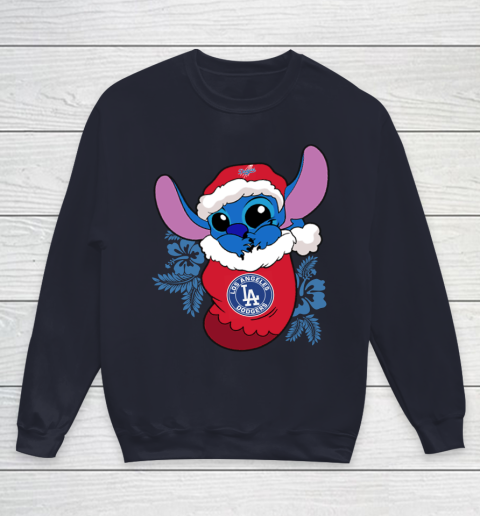 Los Angeles Dodgers Christmas Stitch In The Sock Funny Disney MLB Youth Sweatshirt 3