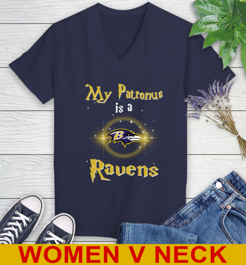 NFL Football Harry Potter My Patronus Is A Baltimore Ravens Women's V-Neck T-Shirt 12