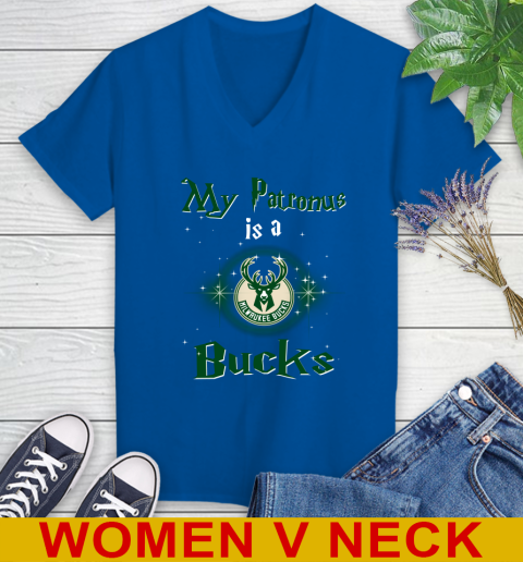 NBA Basketball Harry Potter My Patronus Is A Milwaukee Bucks Women's V-Neck T-Shirt 9