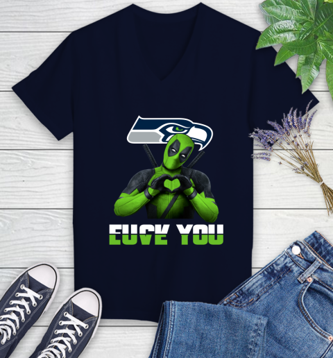 NHL Seattle Seahawks Deadpool Love You Fuck You Football Sports Women's V-Neck T-Shirt 2