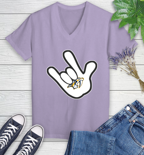 Nashville Predators NHL Hockey Mickey Rock Hand Disney Women's V-Neck T-Shirt 14