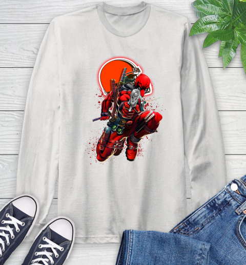 NFL Deadpool Marvel Comics Sports Football Cleveland Browns Long Sleeve T-Shirt