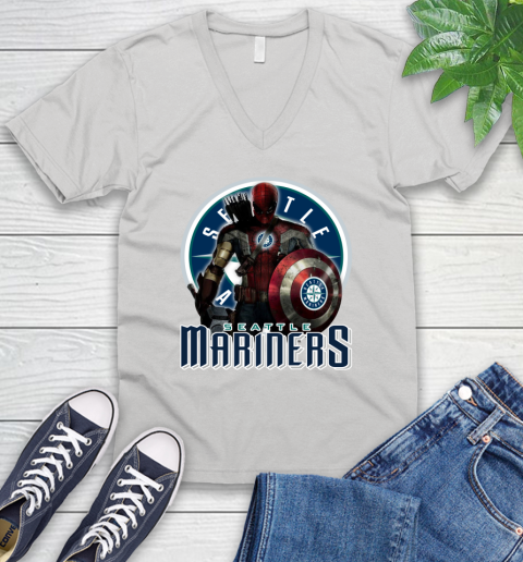 MLB Captain America Thor Spider Man Hawkeye Avengers Endgame Baseball Seattle Mariners V-Neck T-Shirt