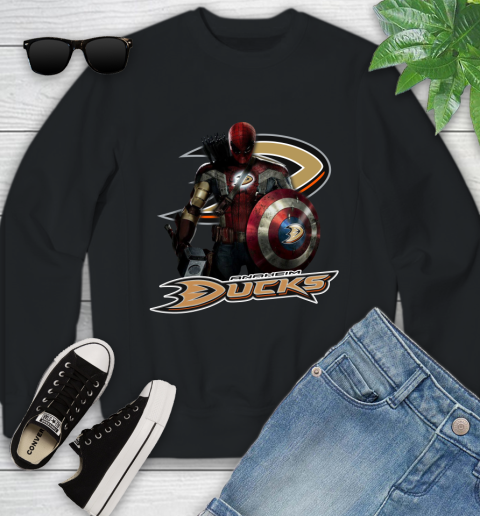 NHL Captain America Thor Spider Man Hawkeye Avengers Endgame Hockey Anaheim Ducks Youth Sweatshirt 2