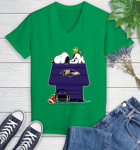 Baltimore Ravens NFL Football Snoopy Woodstock The Peanuts Movie Women's V-Neck T-Shirt 5