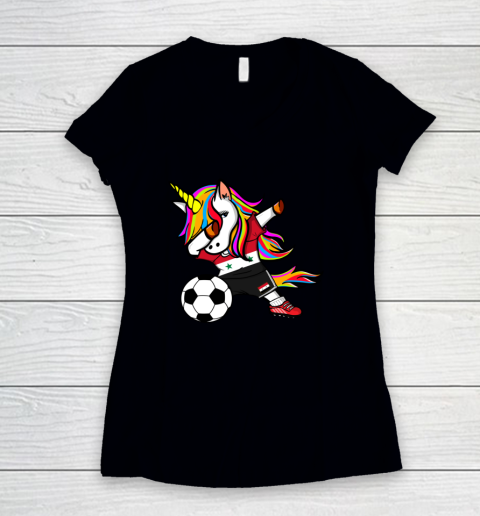 Funny Dabbing Unicorn Syria Football Syrian Flag Soccer Women's V-Neck T-Shirt