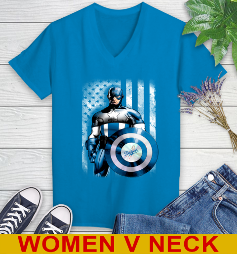 Los Angeles Dodgers MLB Baseball Captain America Marvel Avengers American Flag Shirt Women's V-Neck T-Shirt 7
