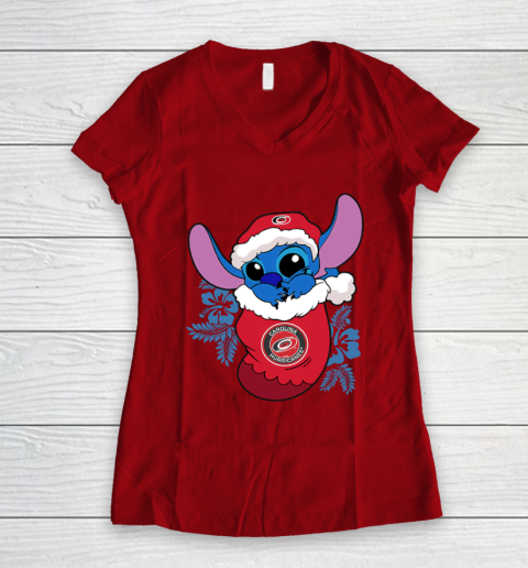 Carolina Hurricanes Christmas Stitch In The Sock Funny Disney NHL Women's V-Neck T-Shirt 10
