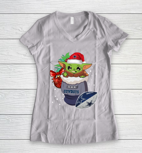 Dallas Cowboys Christmas Baby Yoda Star Wars Funny Happy NFL Women's V-Neck T-Shirt 2