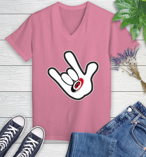 Carolina Hurricanes NHL Hockey Mickey Rock Hand Disney Women's V-Neck T-Shirt 13