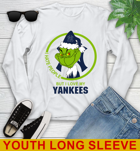 New York Yankees MLB Christmas Grinch I Hate People But I Love My Favorite Baseball Team Youth Long Sleeve