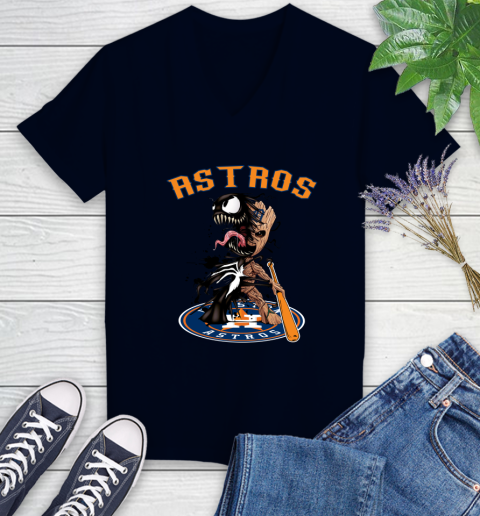 MLB Houston Astros Baseball Venom Groot Guardians Of The Galaxy Women's V-Neck T-Shirt 3