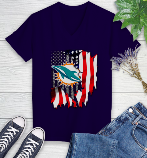 Miami Dolphins NFL Football American Flag Women's V-Neck T-Shirt 3